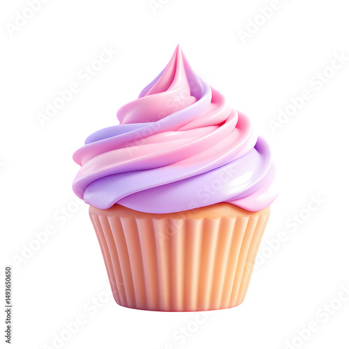 A vibrant cupcake with swirling pink and purple frosting on a peach colored base against black background isolated with white background