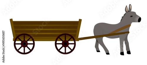 Donkey pulling wooden trailer. vector