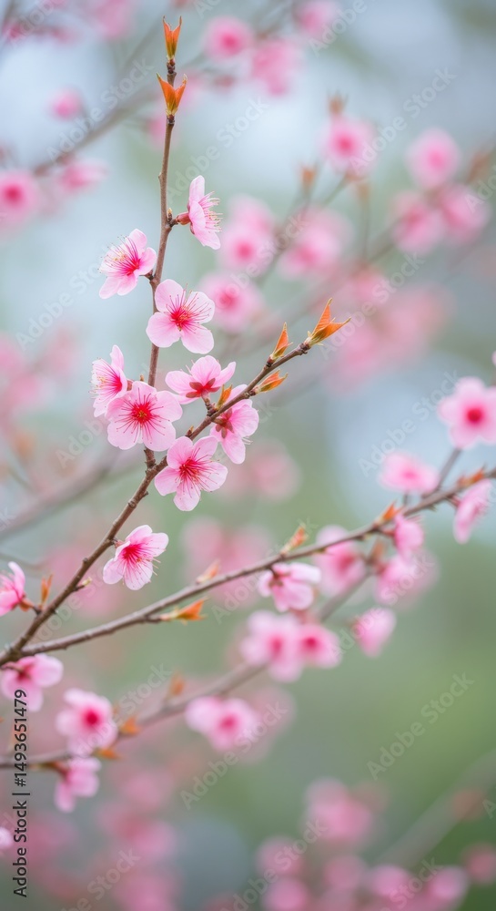 Obraz premium Delicate Pink Blossoms in Spring - Soft pink cherry blossoms on branches, blurred background, spring floral