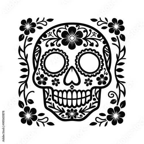 Intricate Day of the Dead Sugar Skull Silhouette – Detailed Ornamental Floral Pattern in Black and White