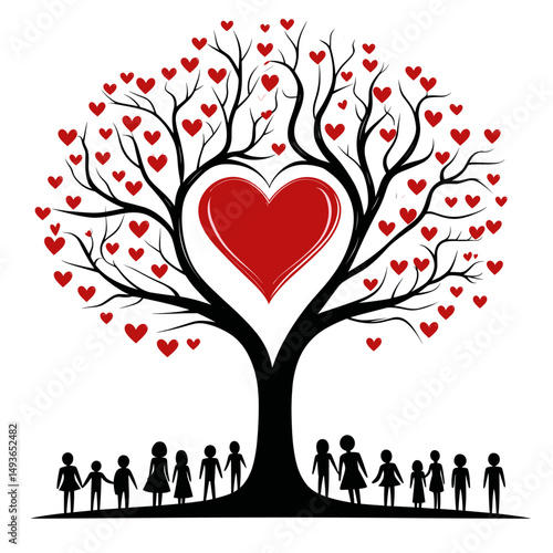 Abstract Family Tree with Heart-shaped Leaves