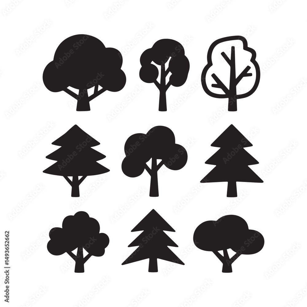 Obraz premium Tree Silhouettes Set – Black and White Stylized Botanical Vector Icons