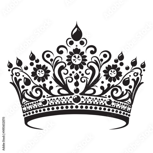 Black Color Tiara Silhouette Vector Illustration, Solid White Background. minimal vector design