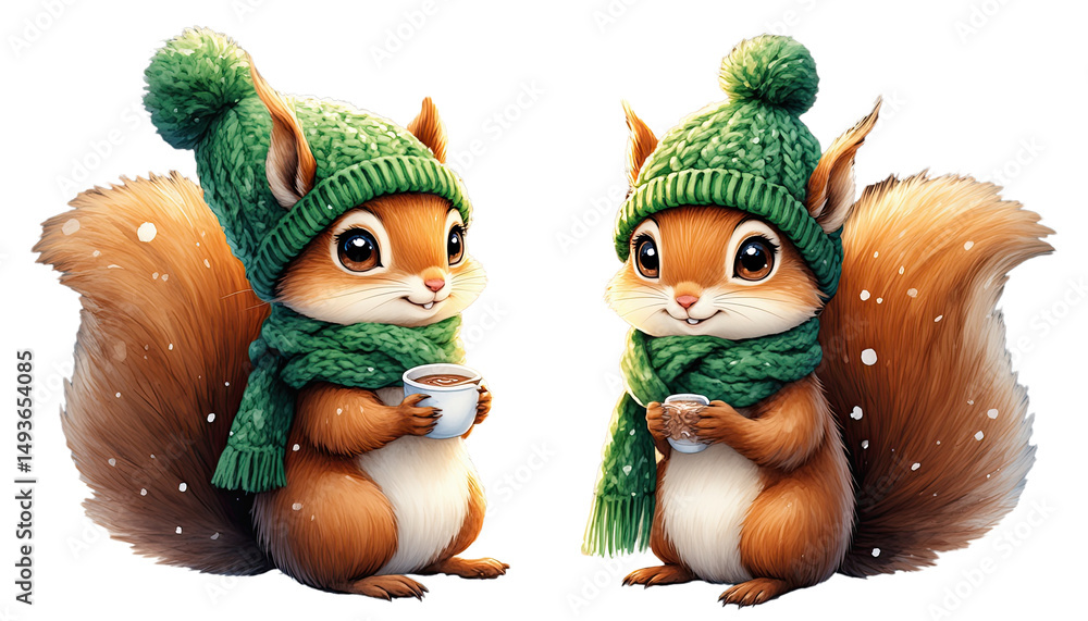 Obraz premium a charming digital illustration depicts two adorable squirrels wearing green winter hats and scarves while holding steaming mugs, set against a softly blurred, snowy background.