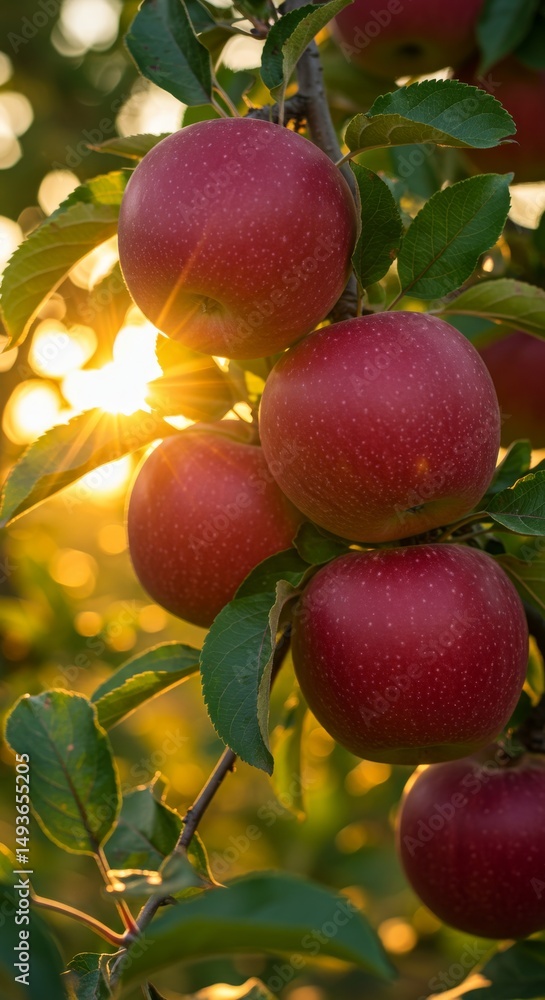 Obraz premium Golden Hour Apples: A Harvest Sunset - Ripe red apples glowing in the warm sunlight of a golden hour sunset, symbolizing abundance, harvest, nature's bounty, healthy eating, and autumn