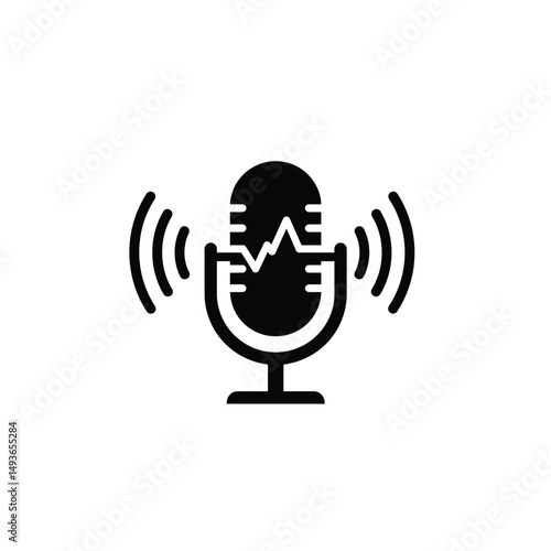 Retro microphone broadcasting audio waves podcast