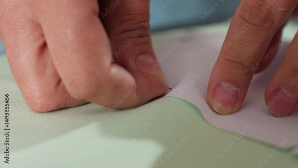 Close up view of dress maker hand delicately securing white paper pattern onto elastic light green textile with needle during garment preparation process in sewing studio focused on fabric layout Close up view of dress maker hand delicately securing white paper pattern onto elastic light green textile with needle during garment preparation process in sewing studio focused on fabric layout