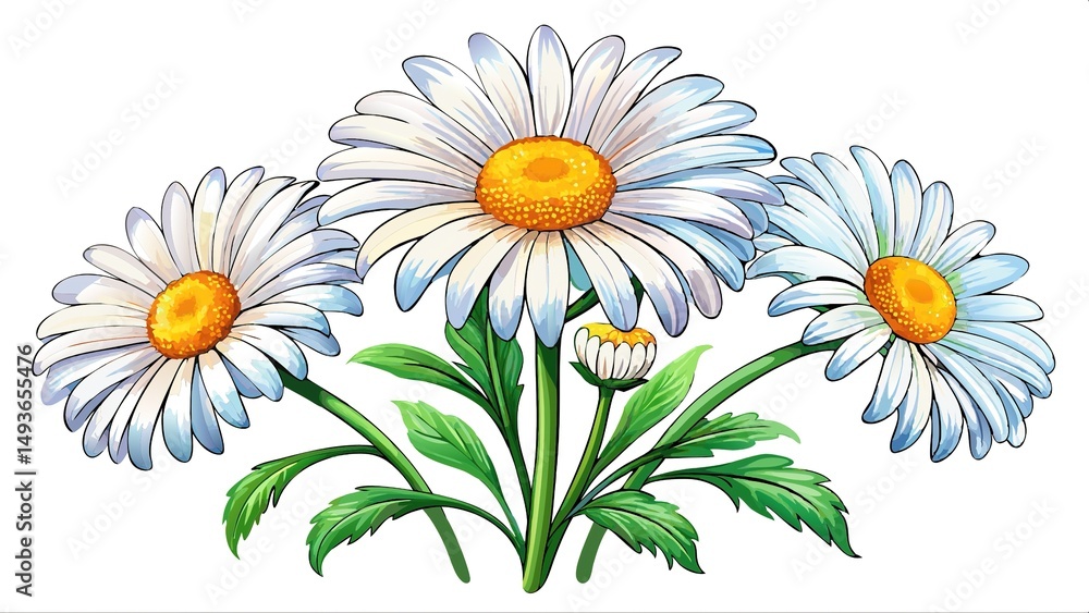 Fototapeta premium A beautiful arrangement of white daisies with yellow centers and green leaves