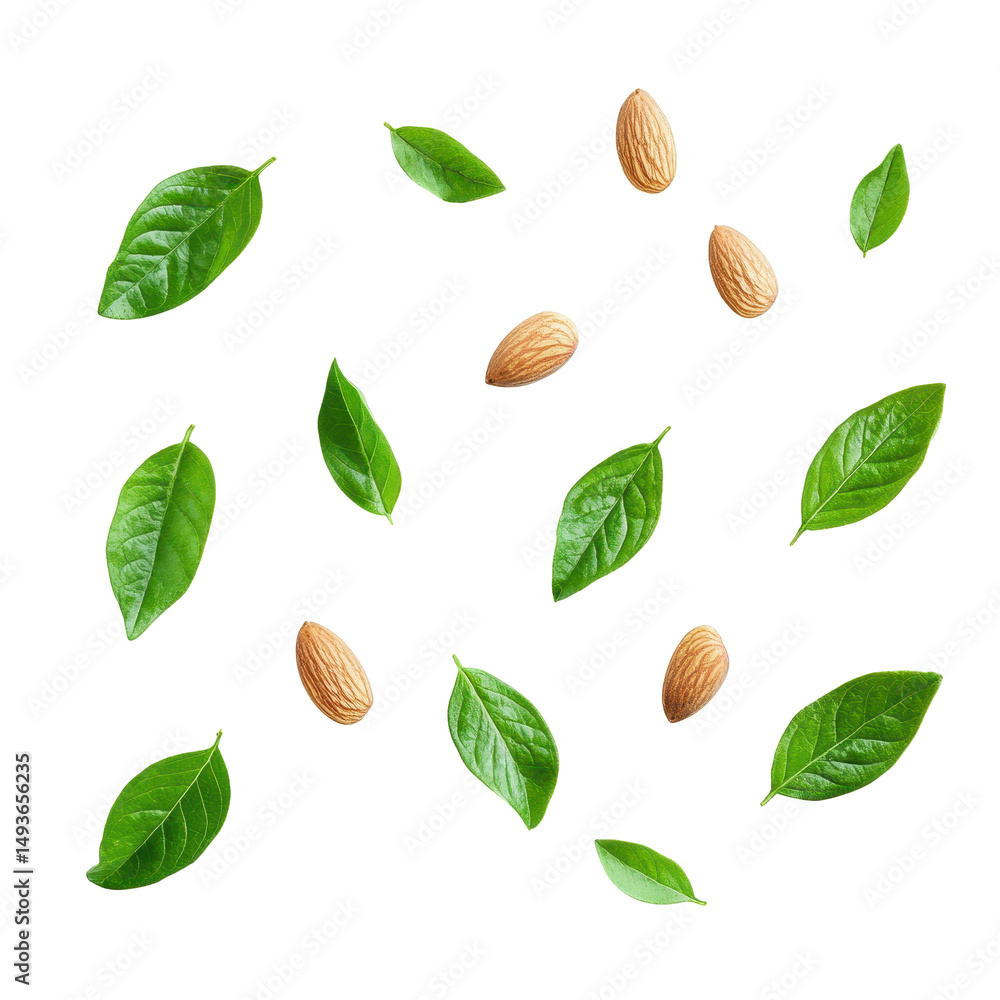 Almond and leave Suitable for food, An almond surrounded by fresh green leaves, isolated on transparent background Almond and leave Suitable for food, An almond surrounded by fresh green leaves, isolated on transparent background
