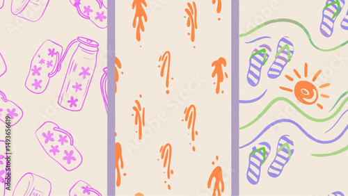 Summer nostalgia with flip flops and sun in vintage beach pattern creating retro joyful and fun