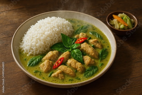 Thai green curry with chicken and jasmine rice on wooden table