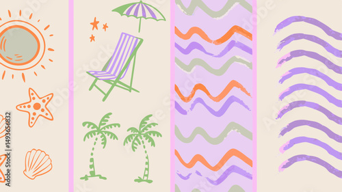 Escaping to a whimsical beach day dream with pastel sunsets and swaying palms against textured paper