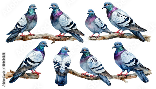 a collection of watercolor paintings depicts eight different racing pigeons perched on a weathered branch.