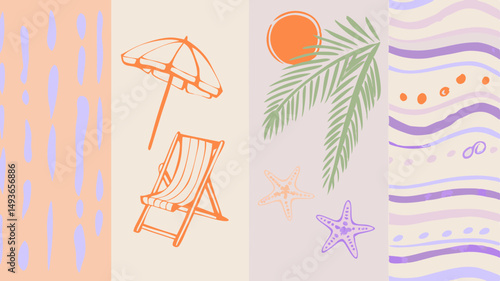 Dreaming of a serene beach vacation with sun umbrella and starfish in a playful summer color palette