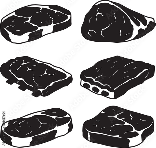 Collection of six different cuts of raw beef steaks