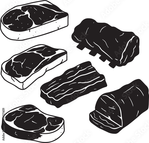 Variety of cuts of beef steak meat graphic illustration
