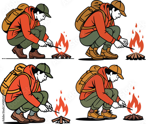 Stylized Vector Hiker Character with Campfire and Backpack vector illustration