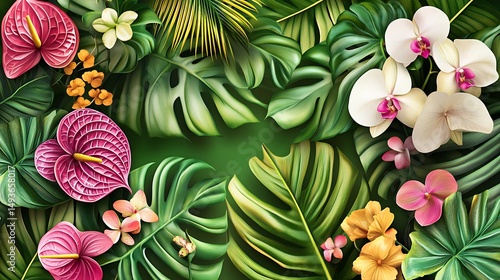 Tropical foliage and flowers design in a vibrant arrangement.