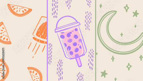 A whimsical bubble tea dream amidst crescent moons shooting oranges in a pastel dreamscape with