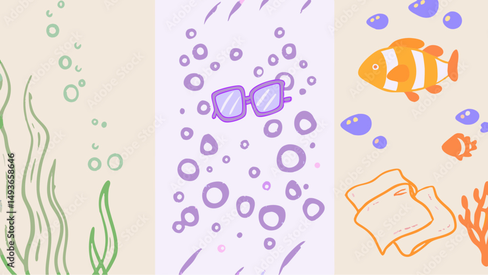 Fototapeta premium Diving into summer fun with quirky shades and tropical fish swimming in a bubbly ocean cartoonish