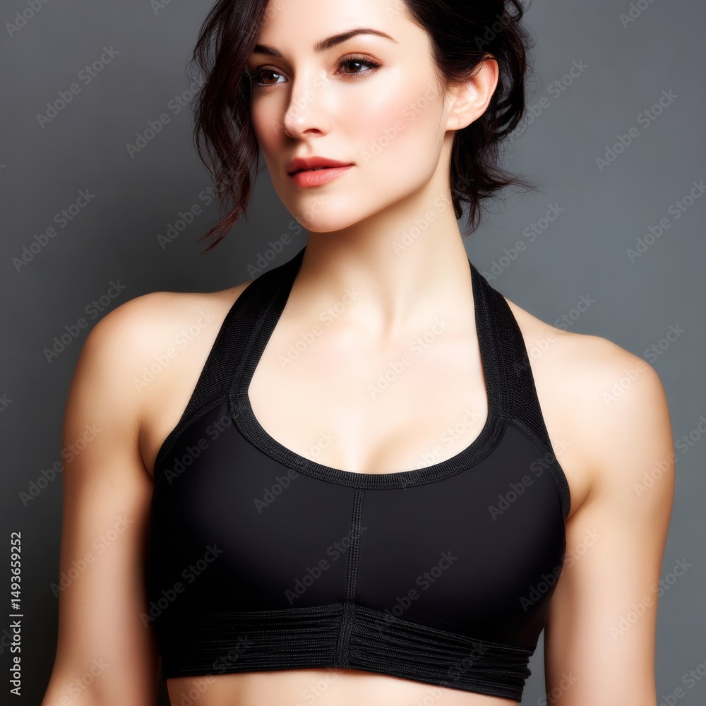 Fototapeta premium Fit Woman in Sports Bra Promotes Active Lifestyle and Wellness on Gray Background