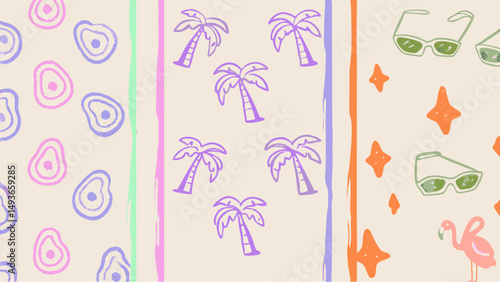 Nostalgic summer daydream pattern featuring tropical motifs stylish sunglasses and flamingos hand