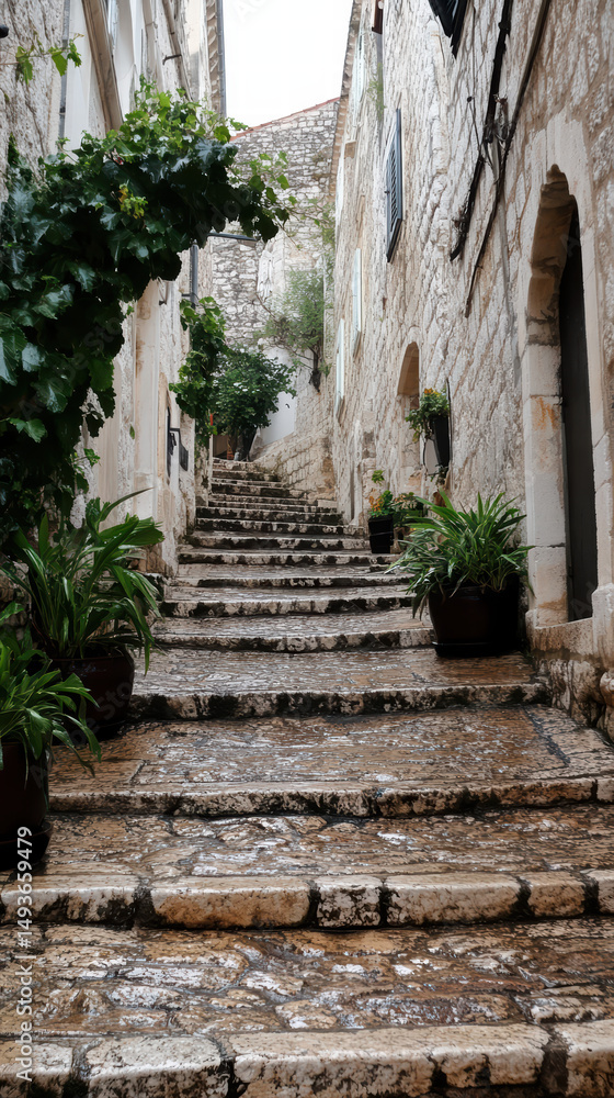 Fototapeta premium An ancient stone staircase ascends through a quaint alleyway lined with historic buildings, a testament to enduring craftsmanship and timeless allure.