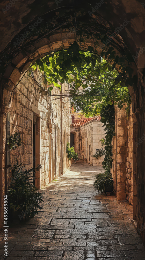 Obraz premium A historic alleyway, bathed in warm sunlight, invites exploration with its stone-paved path. The sun casts shadows and illuminates the scene, enhancing its beauty and character.