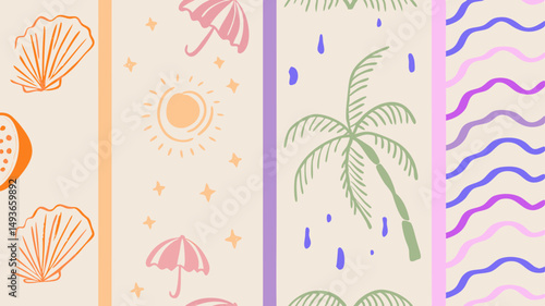 A whimsical tropical daydream evoking beachy vibes with palm trees shells and soft rain against a