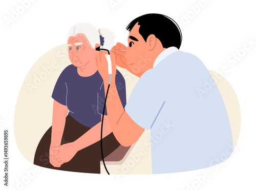 The doctor is conducting an ear examination on an elderly woman.