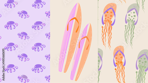 A whimsical beach day dream featuring surfboards and jellyfish sandals in pastel colors and sketched