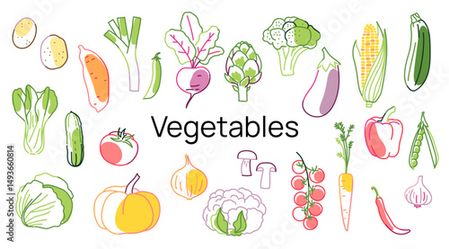 Various vegetable illustrations with hand drawn outline style. Flat cartoon icon set on white background. Healthy food and cooking ingredient collection concept