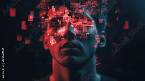 Digital Dissolution: A portrait of a person in a digital state, highlighting concepts of data overload and transformation through a dynamic pixelated effect.