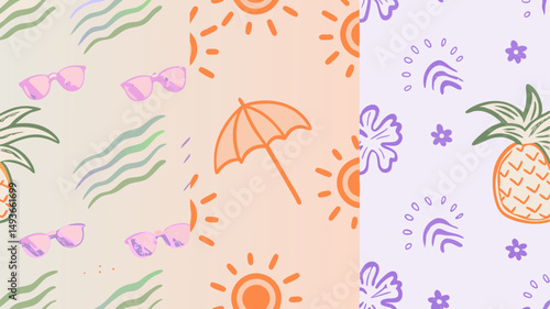 A playful summer vibe pattern with pineapples sunglasses sunshades and waves in pastel colors flat