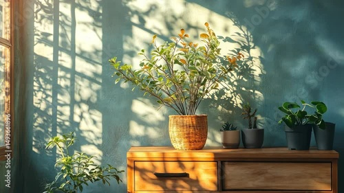 Sunlit plants in pots on wooden cabinet against textured wall