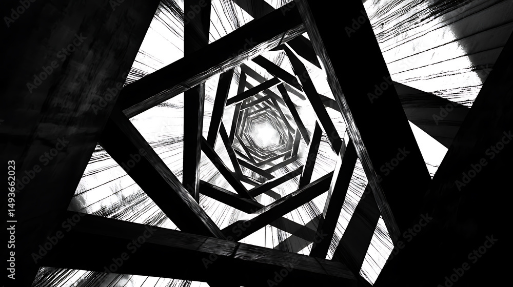 Abstract Geometric Wooden Structure, black and white illustration