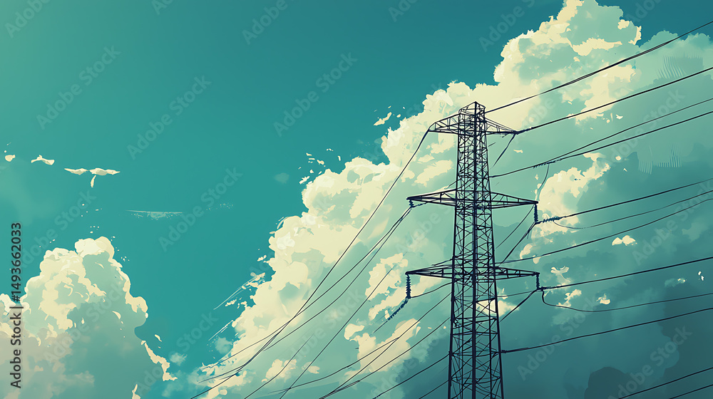 Illustration of Power Line Tower Against Cloudy Sky