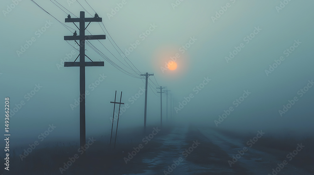 Industrial Wasteland Illustration with Power Lines