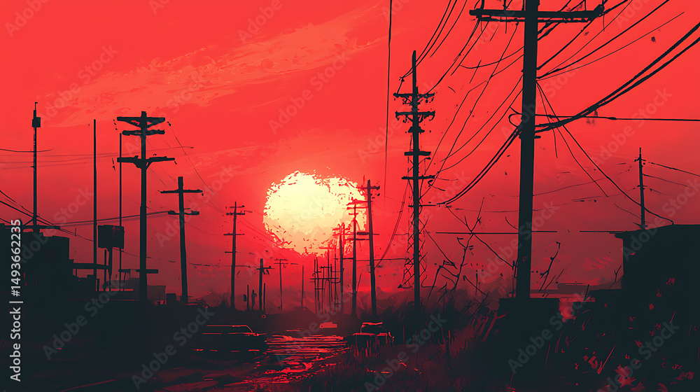 Red Sky Sunset Urban Landscape Illustration