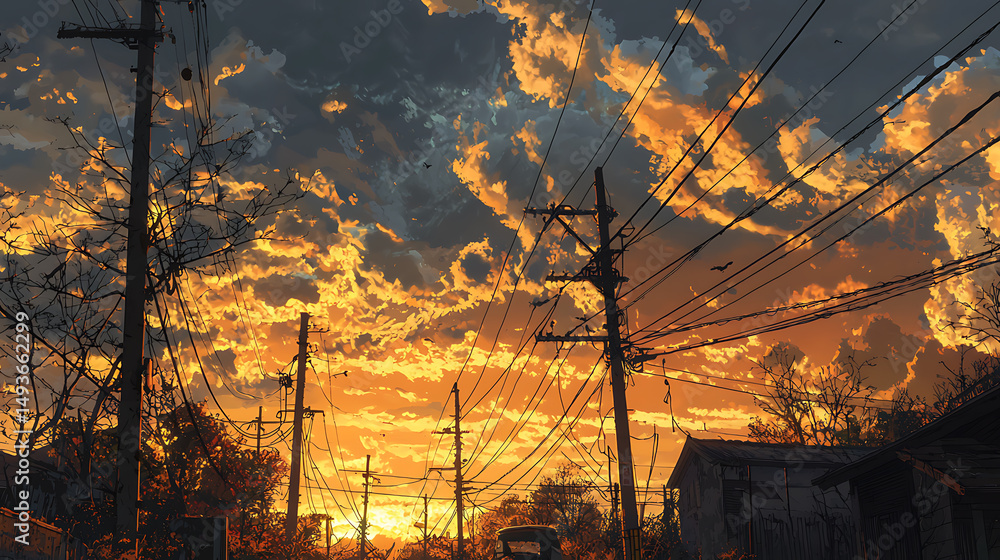 Sunset Sky Over Rural Street Illustration