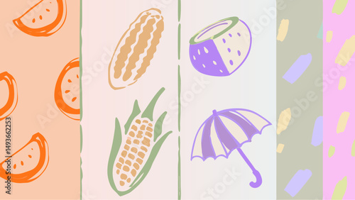 A playful harvest of summer s bounty with watermelons corn and whimsical pastel rain with soft color