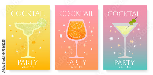 Cocktail party banner poster flyer template. Alcohol, drinks, margarita, spritz, martini. Vector color illustration.