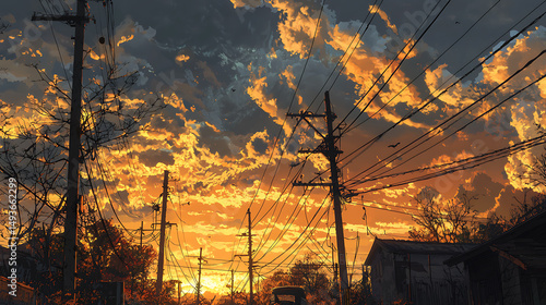 Obraz na płótnie Sunset Sky Over Rural Street Illustration w salonie