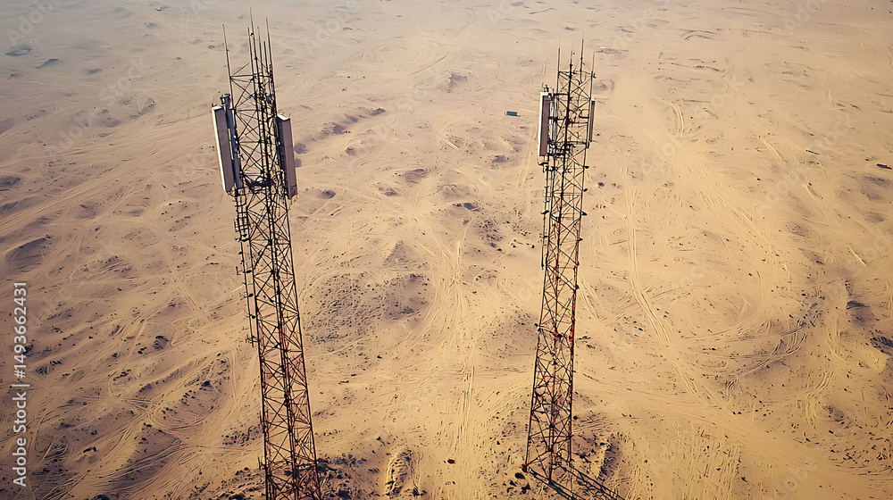Cell Towers in Desert Landscape Stock Photo
