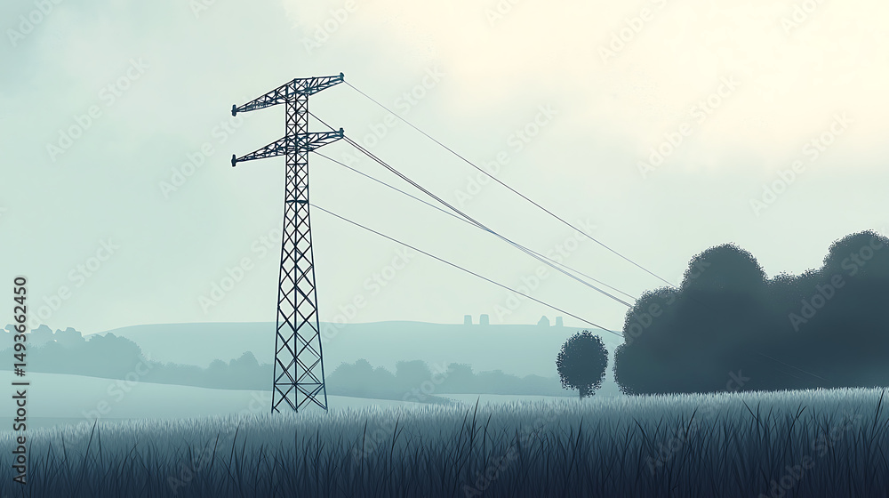 Illustration of Electricity Pylon in Rural Landscape