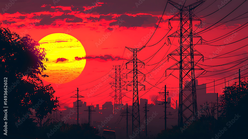 Red Sunset Power Lines Illustration