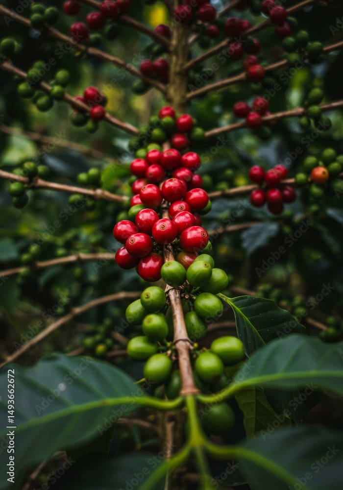 Obraz premium Ripe and Unripe Coffee Cherries on Branch - Lush green coffee plant branches laden with clusters of ripe red and unripe green coffee cherries. Symbolizing growth, harvest, abundance, nature