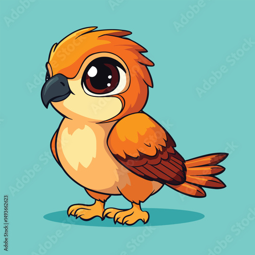 Cartoon Bird with Large Eyes and Orange Feathers Standing Upright