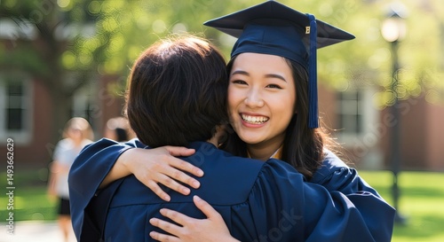 A beaming graduate in cap and gown warmly embraces a loved one on graduation day.
