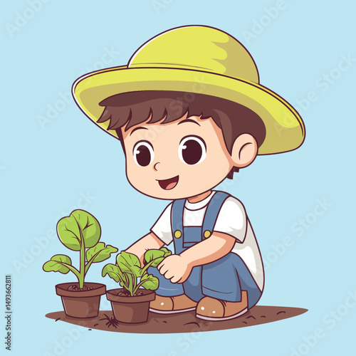 Cartoon Boy in Overalls tending Potted Plants with a Yellow Hat